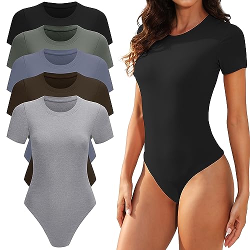 TVKSOM 5er-Pack Body für Damen, kurzärmelig, Rundhalsausschnitt, lässig, dehnbar, Basic-T-Shirt, Bodysuit, Tops, 5er-Pack Schwarz, Hellgrau, Kaffee, Dunkelblau, Olivgrün, M von TVKSOM