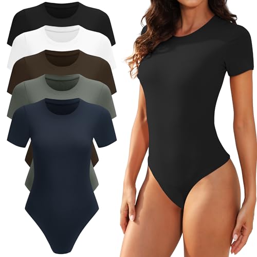 TVKSOM 5er-Pack Body für Damen, kurzärmelig, Rundhalsausschnitt, lässig, dehnbar, Basic-T-Shirt, Bodysuit, Tops, 5er-Pack Schwarz, Weiß, Marineblau, Kaffee, Olivgrün, L von TVKSOM