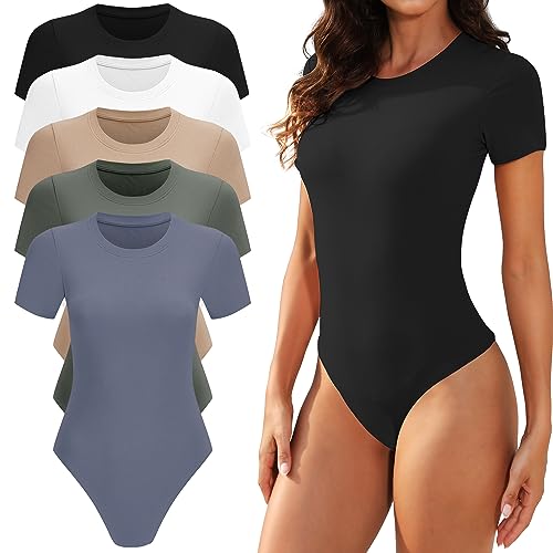 TVKSOM 5er-Pack Body für Damen, kurzärmelig, Rundhalsausschnitt, lässig, dehnbar, Basic-T-Shirt, Bodysuit, Tops, 5er-Pack Schwarz, Weiß, Nude, Dunkelblau, Olivgrün, S von TVKSOM