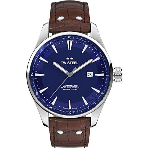 TW Steel ACE Aternus Herren 45mm Automatik Uhr mit blauem Zifferblatt, braunem Silikonarmband und Datumskalender ACE323 von TW Steel