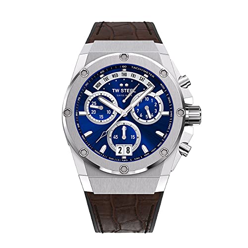 TW Steel ACE Genesis Herren 44mm Quarzuhr mit blauem Zifferblatt braunem Leder auf Kautschukband und Tag/Datumskalender ACE111 von TW Steel