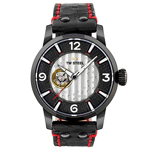 TW Steel Maverick Herren 48mm Quarzuhr mit schwarzem Stahl Zifferblatt schwarzes Lederarmband und Kalender MST6 von TW Steel