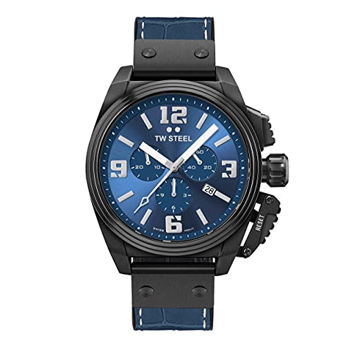 TW Steel New Canteen Mens 46mm Quarzuhr mit blauem Zifferblatt blaues Leder auf Kautschukband und Datumskalender TW1016 von TW Steel