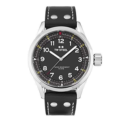 TW Steel Swiss Volante Herren 45mm Quarzuhr mit schwarzem Zifferblatt, schwarzem Lederarmband und Datumskalender SVS103 von TW Steel