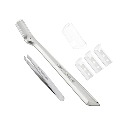 TWEEZERMAN Augenbrauenrasierer inkl. Mini Schräge Pinzette Set (Mini Slant Tweezer & Brow Razor Set), Silber von TWEEZERMAN
