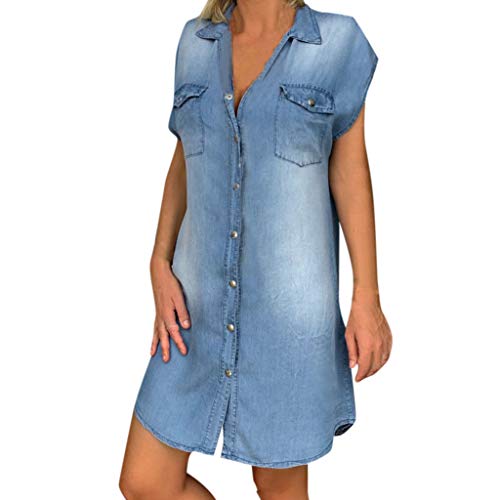 TWIFER Damen Sommer Kleider Denimkleid Übergröße Sommerkleid Casual Hemdblusenkleid Tunika Hemd Kleid Loses Minikleid Knielanges Kurzarm Jeanskleid (2XL, Blau) von TWIFER Damen Shirt