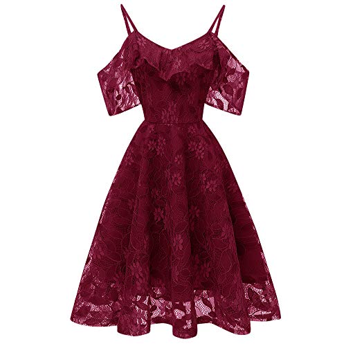 TWIFER Damen Vintage Prinzessin Blumenspitze Cocktail Ausschnitt Mädchen Party A-Linie Swing Kleider (Weinrot, S/EU 34) von TWIFER Damen Shirt