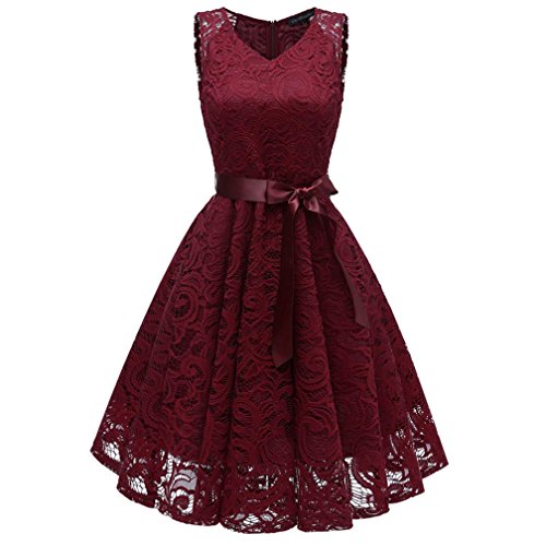 Damen Vintage Prinzessin Blumen Spitzekleid,TWIFER Cocktail V-Ausschnitt Party A-line Swing Kleid Abendkleider Hochzeitskleid (S, Weinrot) von TWIFER Damen