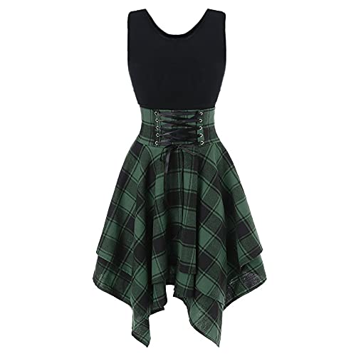 Sommerkleid Damen Ärmelloses, Trägerloses Kreuzgurt Karomuster mit Unregelmäßigem Kleid (H1-Green, S) von TWIFER Damen
