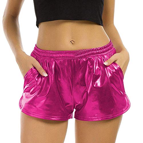 TWIFER Damen Hohe Taille Yoga Sport Shorts 2022 Sommer Kurz Hosen Shiny Hotpants Metallic Leggings (L, Pink) von TWIFER Damen