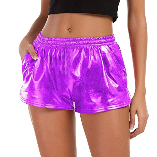 TWIFER Damen Hohe Taille Yoga Sport Shorts 2022 Sommer Kurz Hosen Shiny Hotpants Metallic Leggings (M, Lila) von TWIFER Damen