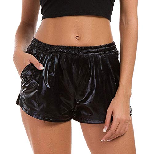 TWIFER Damen Hohe Taille Yoga Sport Shorts 2022 Sommer Kurz Hosen Shiny Hotpants Metallic Leggings (S, Schwarz) von TWIFER Damen