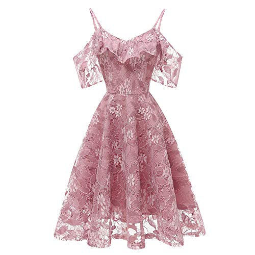 TWIFER Damen Vintage Prinzessin Blumenspitze Cocktail Ausschnitt Mädchen Party A-Linie Swing Kleider (Rosa, 2XL/EU 42) von TWIFER Damen Shirt