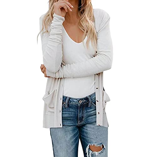 TWIFER Langarm-Strickjacke für Damen, offene Knopfleiste mit Taschen, lässiger Staubwedel, leichte Strickjacke Damen Weste Langarm Strick von TWIFER