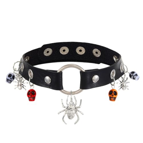 TWINKLEDE Halloween-Leder-Halsband, Halskette, Gothic, Punk, Kreis, Spinne, Anhänger, Halsketten für Frauen, Adjustable, Leder von TWINKLEDE