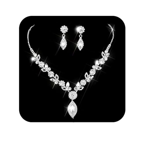 TWINKLEDE Hochzeitsschmuck-Set für Damen, silberfarben, Brautschmuck, Strass-Halsketten und Ohrringe für Bräute, Glas Aolly Glas, Kristall von TWINKLEDE