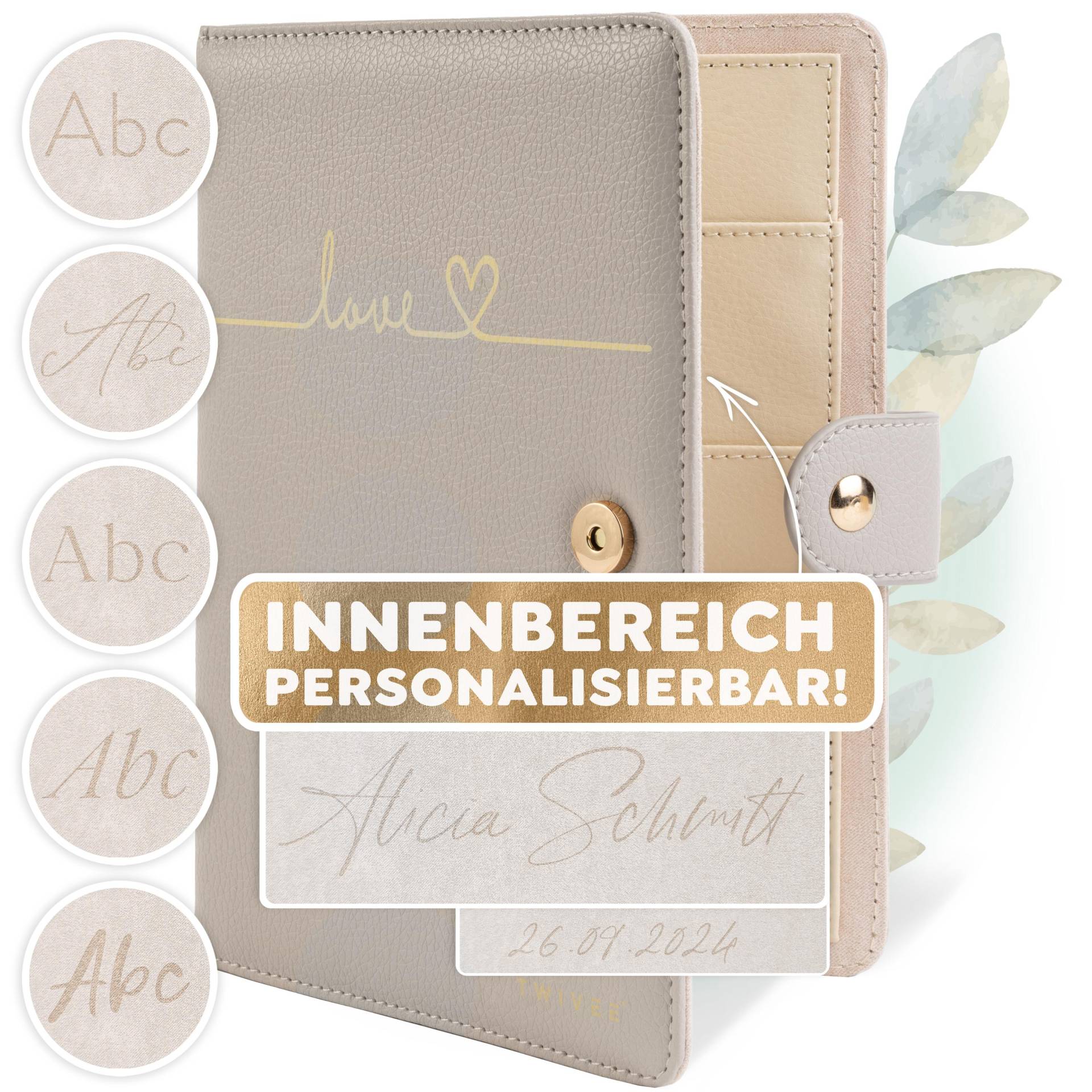 Twivee - Mutterpasshülle | Love Personalisiert Organizer Mit Magnetverschluss Deutscher Mutterpass Inkl. Notizblock Und 8 Fächern von TWIVEE