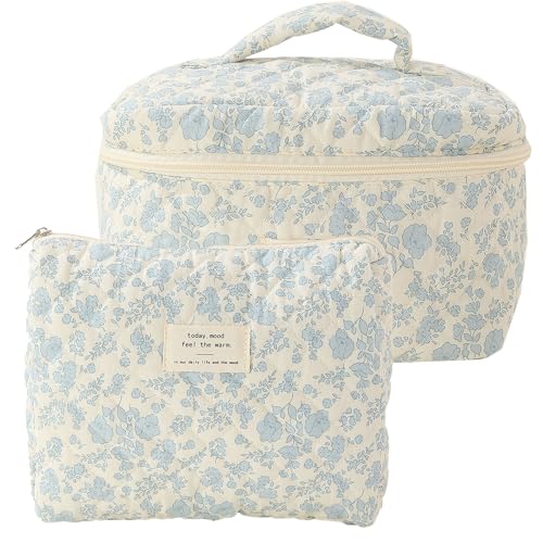 TWOYOMN Make-up-Organizer im Vintage-Stil, Reise-Kulturbeutel, rotes Gitter, Kulturtasche mit Griff, 2er-Pack, blaue Rose von TWOYOMN