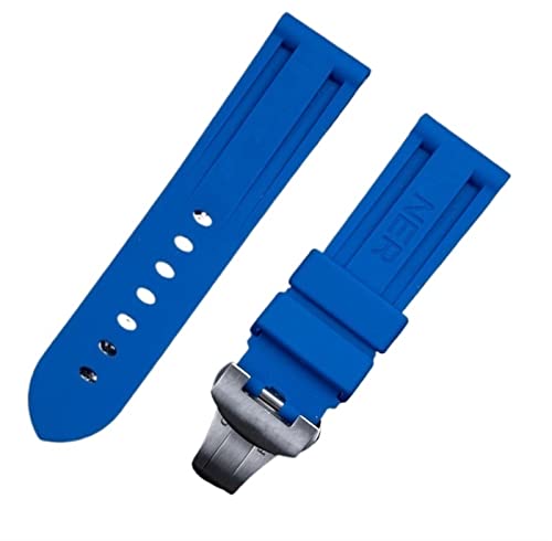 TWRQA 24 mm breites natürliches weiches Gummi-Uhrenarmband für Panerai-Armband mit Schmetterlingsschnalle für PAM111/441/389 Armbandzubehör (Farbe: Himmelblau, Größe: 24 mm Faltschnalle) von TWRQA