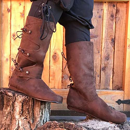 TWapRE 1 Paar Mittelalterliche Ritterstiefel Für Herren Steampunk Retro Lederstiefel Herren Gothic Schnürstiefel Mit Flachem Boden Schuhe Für Cosplay Wikinger Piratenkostüm,Braun,47 von TWapRE