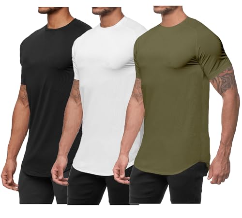 TX Apparel Herren Fitnessshirt mit verlängerter Saumlinie, Enganliegendes Sport-T-Shirt für Workout - BK+WT+GN-L von TX Apparel