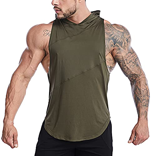 TX Apparel Herren Muscle Ärmellose Hoodie Dry Fit Kapuzenpullover Sleeveless Workout Shirts-GN-L, Armeegrün von TX Apparel