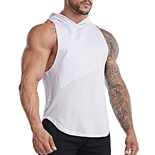 TX Apparel Herren Muscle Ärmellose Hoodie Dry Fit Kapuzenpullover Sleeveless Workout Shirts-WT-XXL, Weiß von TX Apparel