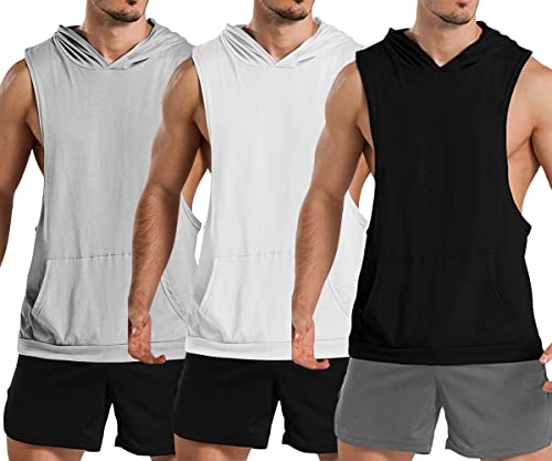 TX Apparel Herren Tank Top Ärmelloser Muskelshirt Workout Sport Fitness Hoodie Bodybuilding Muskel Kapuzen Tanktops-BK+WT+GY-XXL von TX Apparel