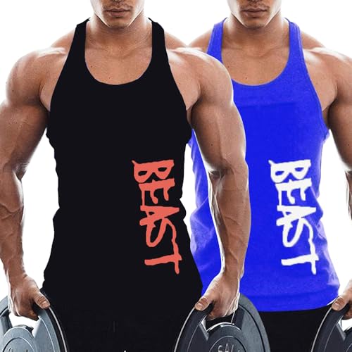 TX Apparel Herren Tanktop Beast Gym Stringer Shirt Baumwolle Black+Blue-L von TX Apparel