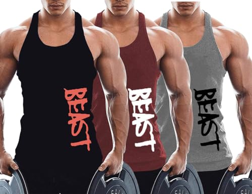 TX Apparel Herren Tanktop Beast Gym Stringer Shirt Baumwolle Black+Gray+Wine Red-L von TX Apparel