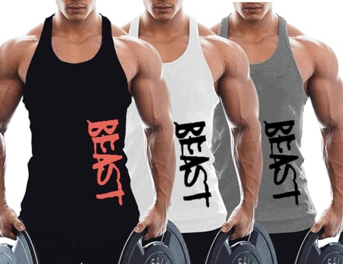 TX Apparel Herren Tanktop Beast Gym Stringer Shirt Baumwolle Black+White+Gray-L von TX Apparel