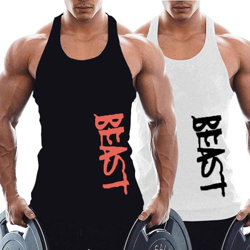 TX Apparel Herren Tanktop Beast Gym Stringer Shirt Baumwolle Black+White-L von TX Apparel