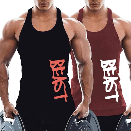 TX Apparel Herren Tanktop Beast Gym Stringer Shirt Baumwolle Black+Wine Red-L von TX Apparel