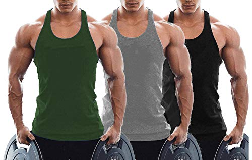 TX Apparel Herren Tanktop Fitness Stringer Gym Shirt Baumwolle (BK+GY+GN, M) von TX Apparel