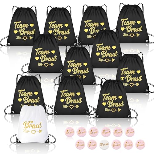 12 Stück Braut Team Bride Kordelzug Turnbeutel mit 12 JGA Buttons, 34x42cm Junggesellenabschied Frauen Turnbeutel Set, Damen Team Bride Rucksack, Team Bride Tasche für Verlobung JGA Hochzeit von TXErfolg