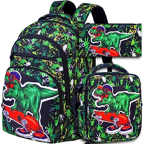 TXHVO 3 x Dinosaurier-Rucksack für Jungen, Kinder, Schulbüchertasche mit Lunchbox, 43,2 cm (17 Zoll) Teenager-Jungen-Laptop-Rucksäcke von TXHVO