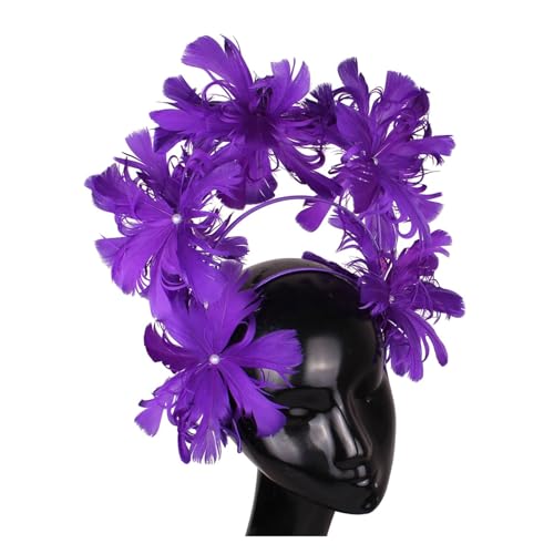 Ausgefallenes Federblumen-Stirnband Fascinator Damenhut Kopfbedeckung Fashion Net Kopfschmuck for elegante Damen Chic Kopfschmuck Anlass(PURPLE) von TXLEAPEY