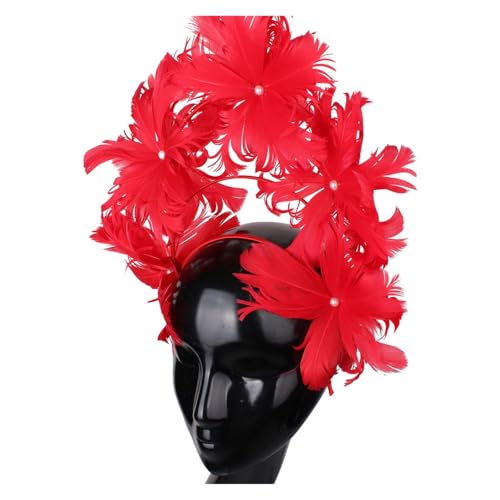 Ausgefallenes Federblumen-Stirnband Fascinator Damenhut Kopfbedeckung Fashion Net Kopfschmuck for elegante Damen Chic Kopfschmuck Anlass(Red) von TXLEAPEY