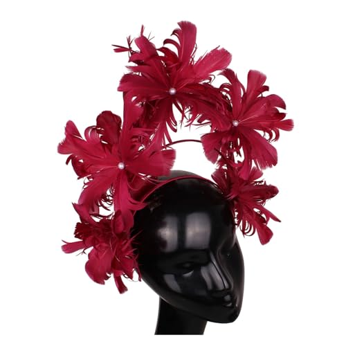Ausgefallenes Federblumen-Stirnband Fascinator Damenhut Kopfbedeckung Fashion Net Kopfschmuck for elegante Damen Chic Kopfschmuck Anlass(Wine red) von TXLEAPEY