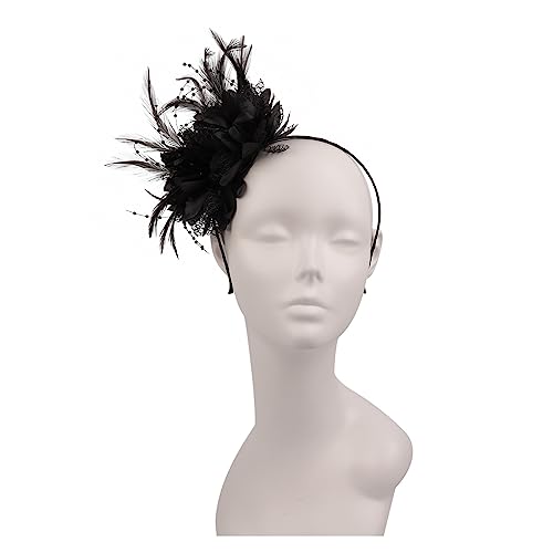 Damen Eleganter Fascinator Hut Stirnband Blume Feder Mesh Garn Cocktail Party Hochzeit Haarschmuck for Cocktail(Black) von TXLEAPEY