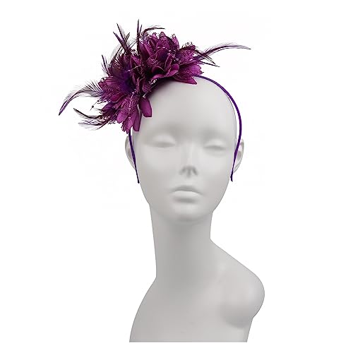 Damen Eleganter Fascinator Hut Stirnband Blume Feder Mesh Garn Cocktail Party Hochzeit Haarschmuck for Cocktail(Darker purple) von TXLEAPEY