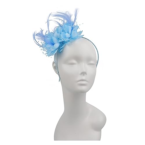Damen Eleganter Fascinator Hut Stirnband Blume Feder Mesh Garn Cocktail Party Hochzeit Haarschmuck for Cocktail(Light blue) von TXLEAPEY
