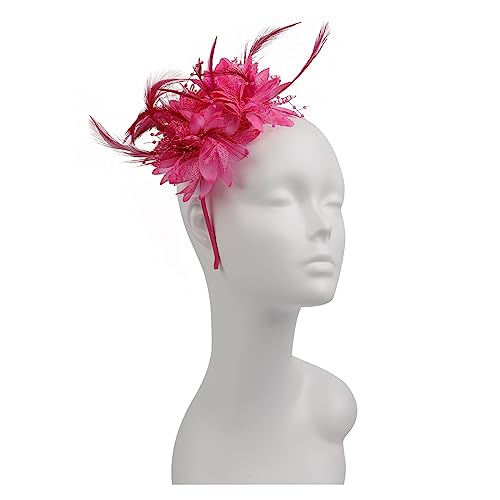 Damen Eleganter Fascinator Hut Stirnband Blume Feder Mesh Garn Cocktail Party Hochzeit Haarschmuck for Cocktail(Rose red) von TXLEAPEY