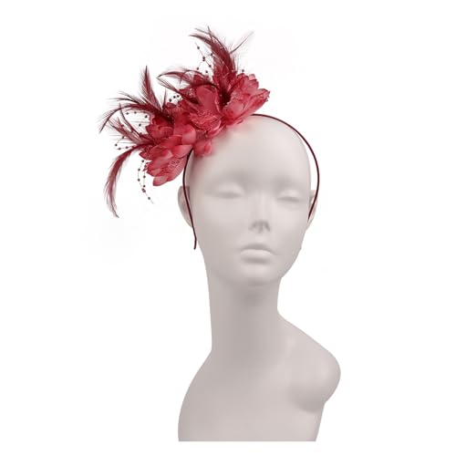 Damen Eleganter Fascinator Hut Stirnband Blume Feder Mesh Garn Cocktail Party Hochzeit Haarschmuck for Cocktail(Wine red) von TXLEAPEY