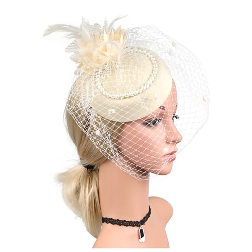 Filz Stoff Hochzeit Hut Mit Schleier Und Clip Perle Party Zylinder Mode Hut Fascinator Frauen Damen(HA5824-Beige) von TXLEAPEY