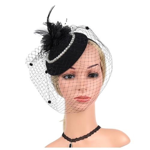 Filz Stoff Hochzeit Hut Mit Schleier Und Clip Perle Party Zylinder Mode Hut Fascinator Frauen Damen(HA5824-Black) von TXLEAPEY