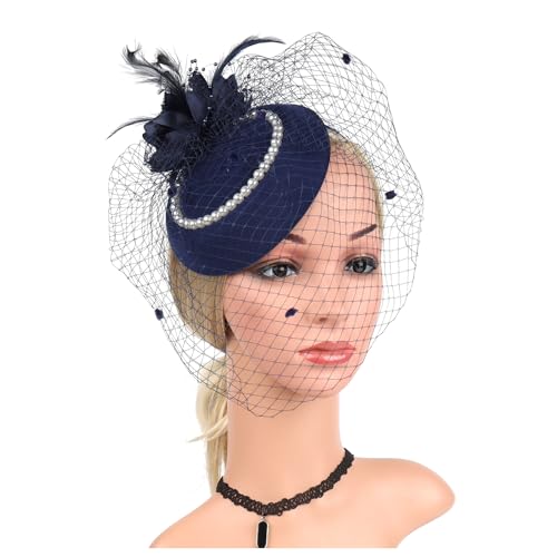 Filz Stoff Hochzeit Hut Mit Schleier Und Clip Perle Party Zylinder Mode Hut Fascinator Frauen Damen(HA5824-Blue) von TXLEAPEY