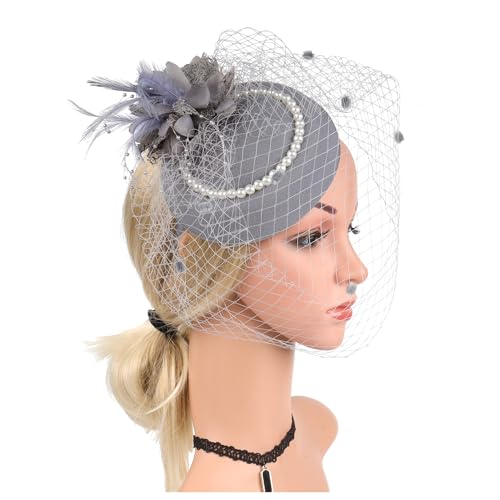 Filz Stoff Hochzeit Hut Mit Schleier Und Clip Perle Party Zylinder Mode Hut Fascinator Frauen Damen(HA5824-Gray) von TXLEAPEY