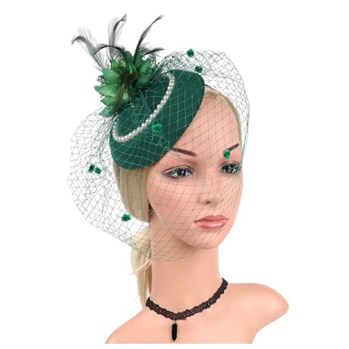 Filz Stoff Hochzeit Hut Mit Schleier Und Clip Perle Party Zylinder Mode Hut Fascinator Frauen Damen(HA5824-Green) von TXLEAPEY