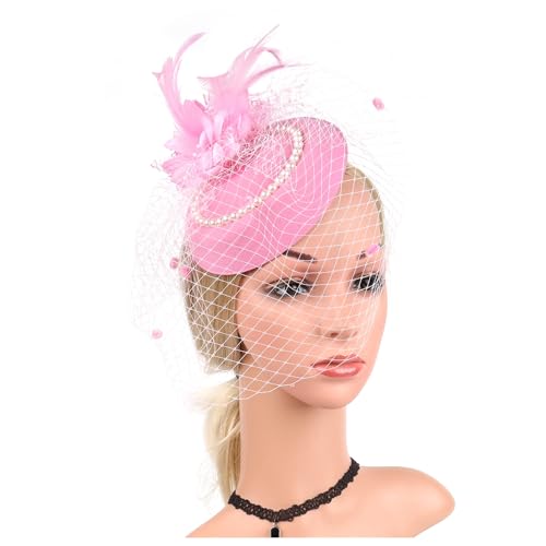 Filz Stoff Hochzeit Hut Mit Schleier Und Clip Perle Party Zylinder Mode Hut Fascinator Frauen Damen(HA5824-Pink) von TXLEAPEY